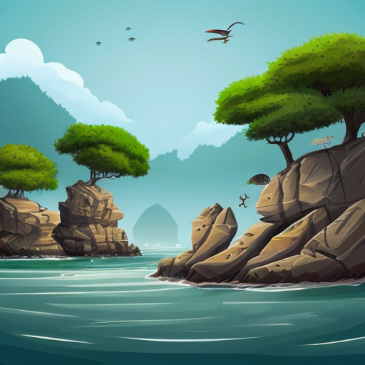 safari landscape, sea critters and fish strewn about, attempting to hide in the landscape, (behind rocks, hanging from trees, etc) Generate it in a cartoonish style.