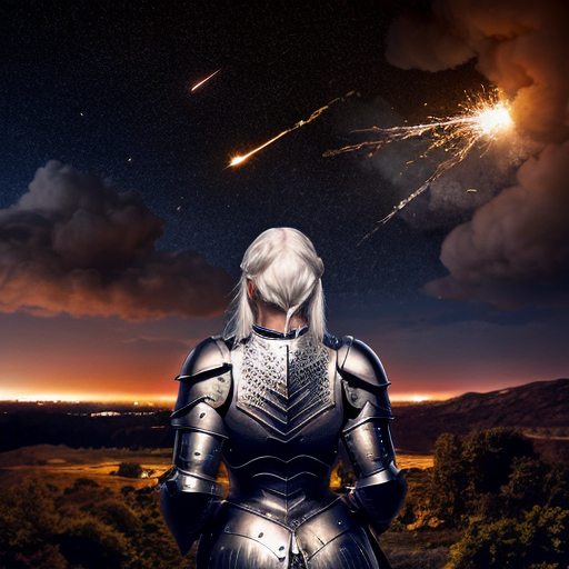 young white-haired woman in armor watches as meteorites fall on her castle
