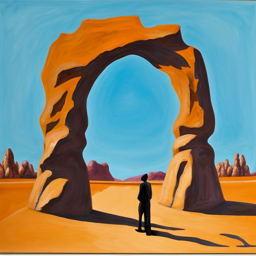 Paint and desert arch with multiple abstract figures in Tanguy style