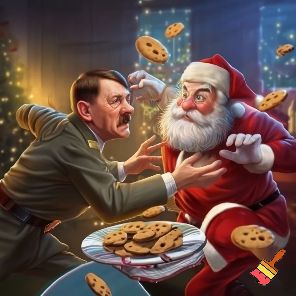Adolf Hitler and Santa fighting over Christmas cookies