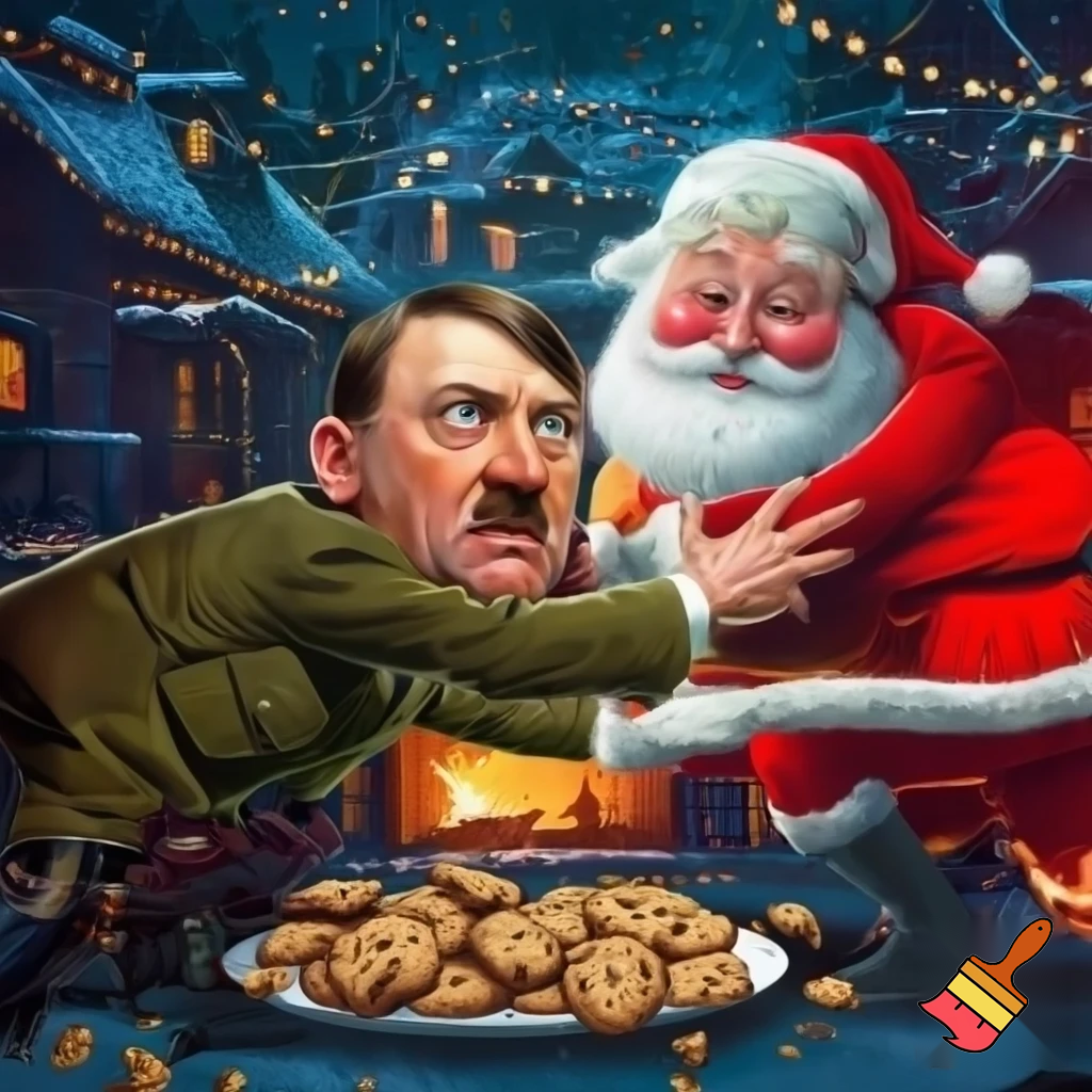 Adolf Hitler and Santa fighting over Christmas cookies