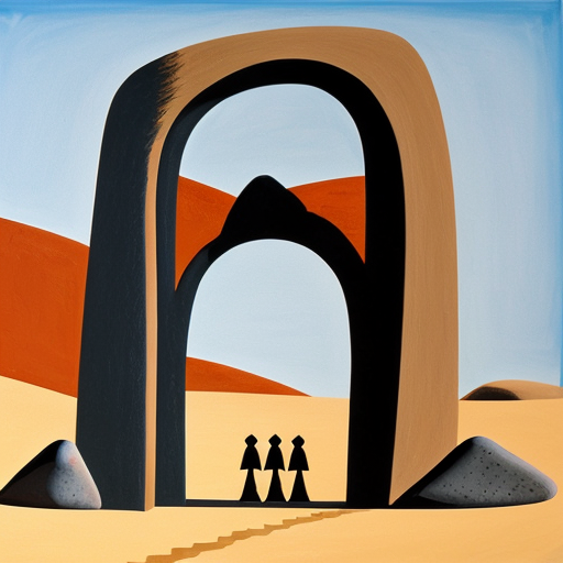 Paint the stones of a desert arch with multiple abstract figures in Tanguy and Matisse style