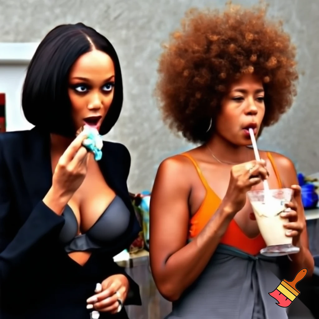 Tyra Banks and Kelis filming a commercial behind the scenes on the image Tyra Banks has a black sleek middle part bob hair wearing a black suit and a grey bra eating ice cream and Kelis has a voluminous curly brown hair Afro wearing a grey jumpsuit and orange camisole drinking milkshake 