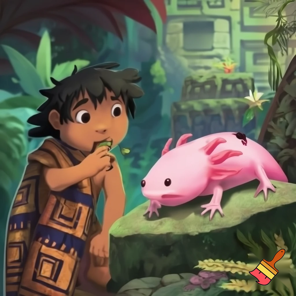 an Aztec boy playing eating ants and an axolotl is in half and has a bite out of it