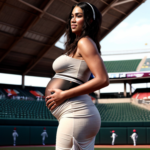 A photorealistic full body rear view from behind, of a nude voluptuous plus size 50 year old pregnant Arab woman looking over her shoulder; with dark tanned skin; very long straight black hair; a gold tiara, waist chain, and earings; standing and leaning over against the seats of a baseball stadium during a game. The woman has extreme sexualized unrealistic body proportions; with unrealistically large buttocks, hips, and breasts, and a very skinny waist. She drops her white draped flowing dress down to her ankles, to reveal her entire nude body with a focus on the woman's nude buttocks. The woman's face shows a mixture of happiness, pleasure, and exhaustion. A crowd of boys and girls cheer her on.