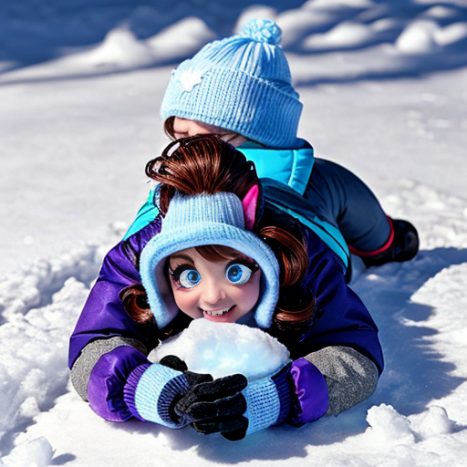 Create a pinkie pie equestria girls wearing light blue knit hats, light blue winter jacket, light blue mittens, purple pants and light blue boots in on back - lying down snow and making a snow angel in eyes closed and tooths grinw