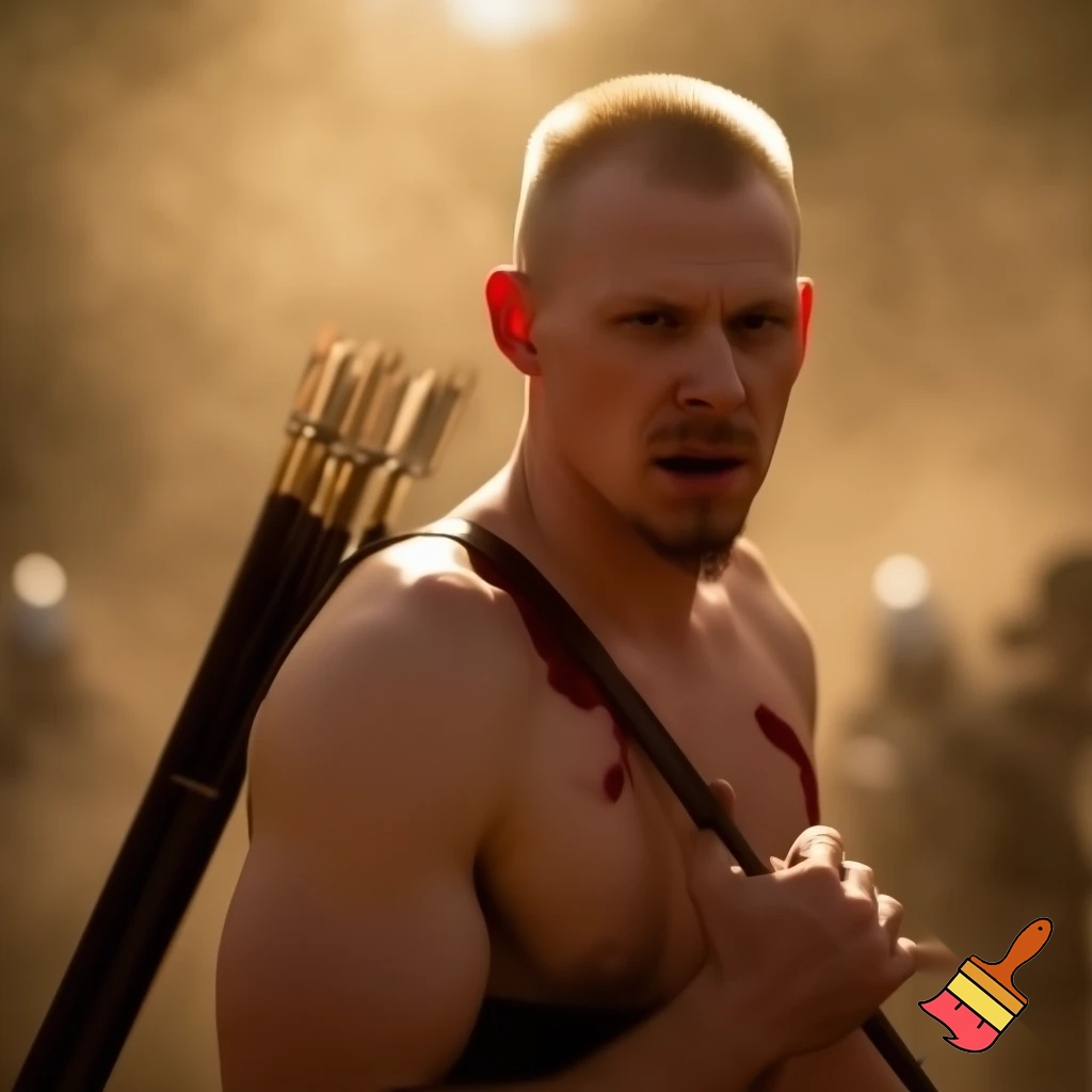 A realistic battlefield photograph of a muscular medieval archer with fair skin, shown from the waist up. He has a short blond flattop haircut, a pointed goatee connected to his mustache, and clean-shaven cheeks. He wears a leather strap across his chest and a full leather quiver of arrows on his back. He has a bloody arrow embedded in the left side of his chest, and his strong hand is gripping the shaft of the arrow near the wound. His expression shows pain and shock, and the background is filled with dust, blurred soldiers, and warm sunlight.