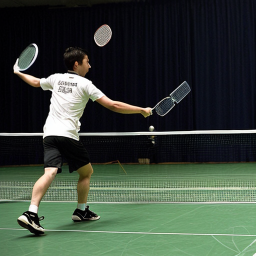 make me a picture of a penguin playing badminton with a shark
