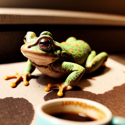 A hillarious, funny boho toad with some hippie colored coffee cups. Psychedelic decorated background, hyperrealistic. Close-up view.
