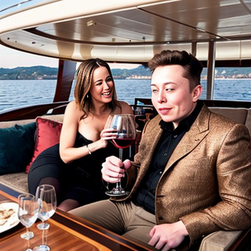 Elon musk sitting in a chair read “Poor Richard’s Almanack” while a servant is bringing him a glass of wine and he on a luxurious yacht with his femboy friends