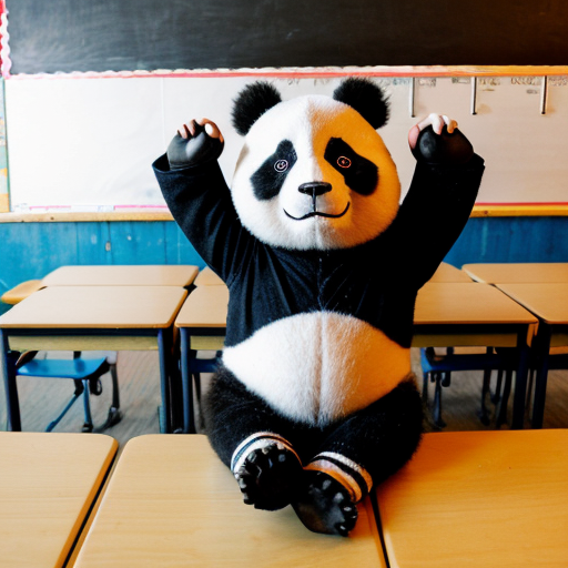 a panda teacher piking up a poshen bottle