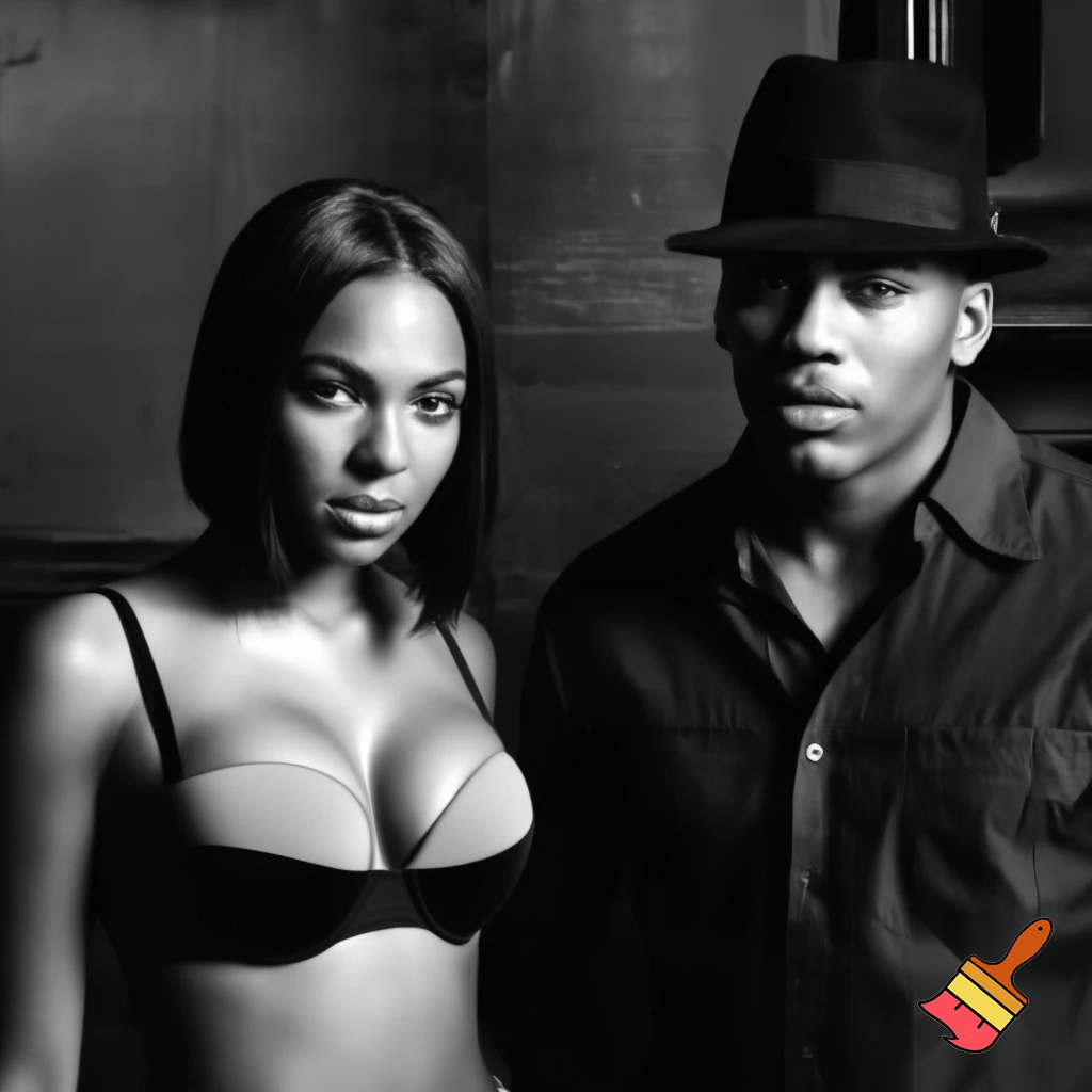 Ashanti with a black sleek middle part bob hair wearing a grey and black bra and Nelly wearing a button up shirt and black hat in a black and white photograph 