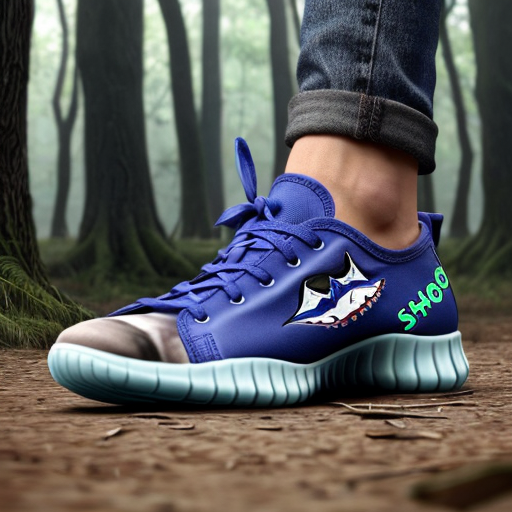 Make a shark with blue shoes on runing away into the woods fast