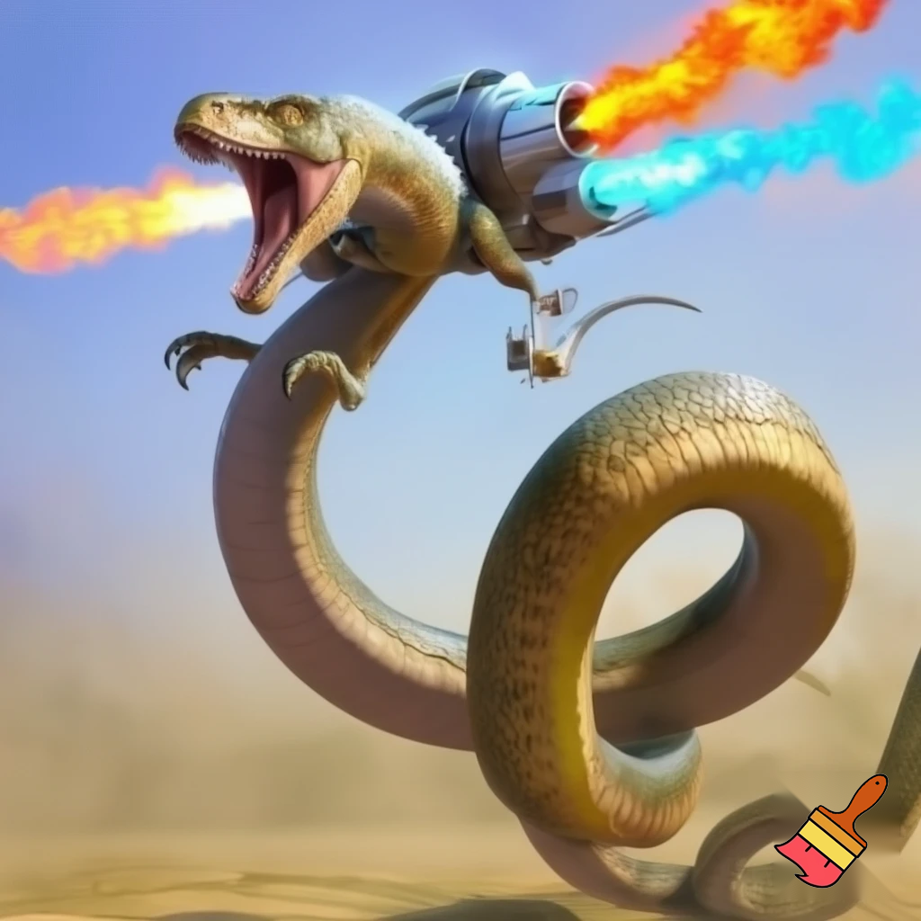 A snake with t-Rex arms and legs with a jetpack