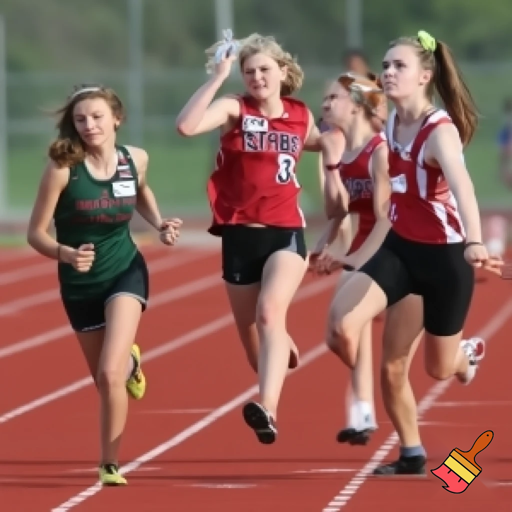 create a photo sequence (4 photos) in order. photo 1, a girl student is told by her teacher that she will compete in the schools 100 meter race. photo 2, the girl student is very nervous. photo 3, the girl gets encouragement from her classmates that she can do well in the 100 meter competition. photo 4, the girl competes and wins the 100 meter race.