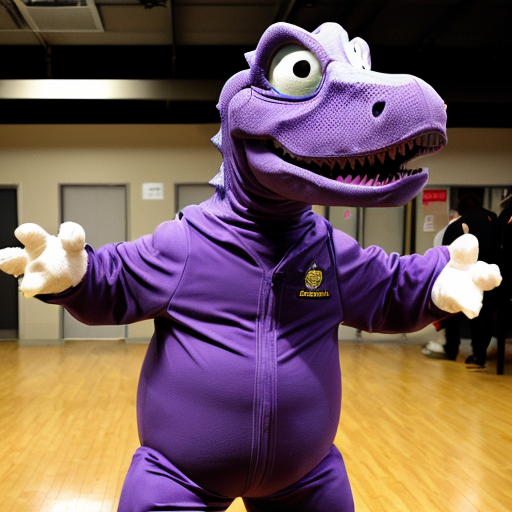 barney the a purple color an dinosaur an costume mascote