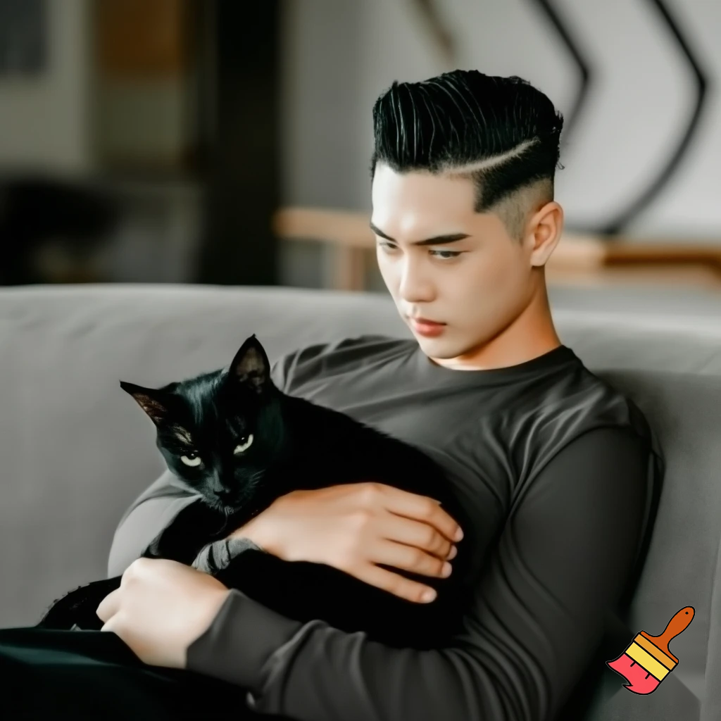 Suga bts rambut undercut slicked back sedang duduk di sofa sambil menggendong seekor kucing hitam background di dalam ruangan 