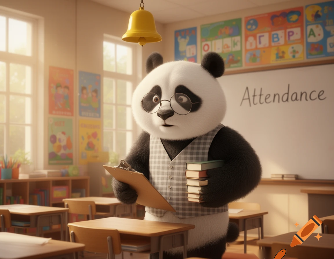 a panda teacer cheking if eveone is here in school