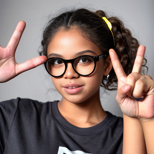 Realistic teenage girl with medium brown curly 2A hair, brown eyes, purple glasses, a dark grey t shirt with a white bow, black wide leg sweatpants and brown ugg shoes doing the peace sign with both hands and also doing the kissy face