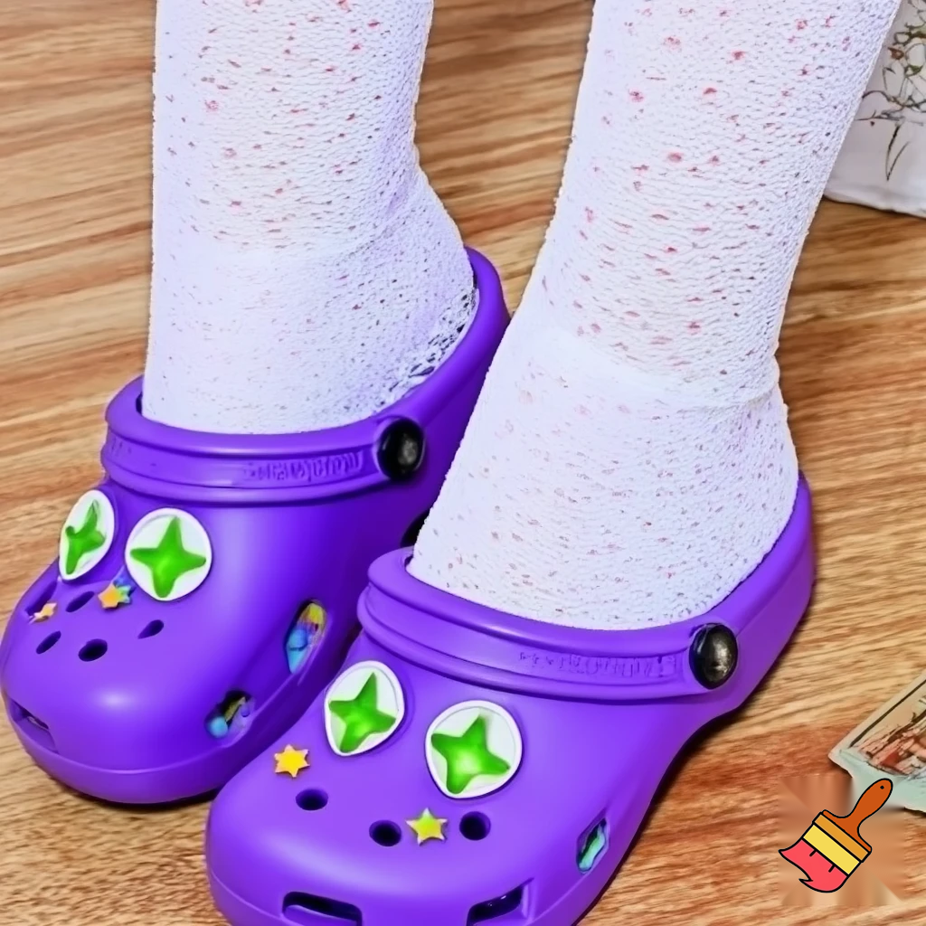 with white star pupils and bright green eyes and :3 smile and purple clogs with star rainbow bionic pastel red yellow blue clog backstraps in Panty & Stocking With Garterbelt style and hair covering both ears