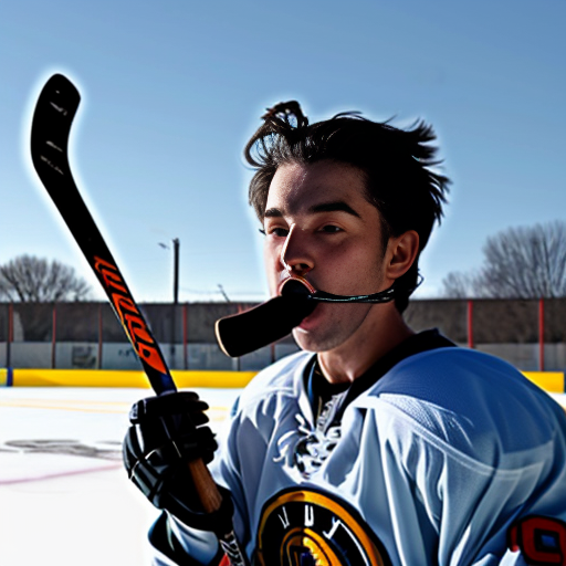 hawk with a hockey stick in his mouth