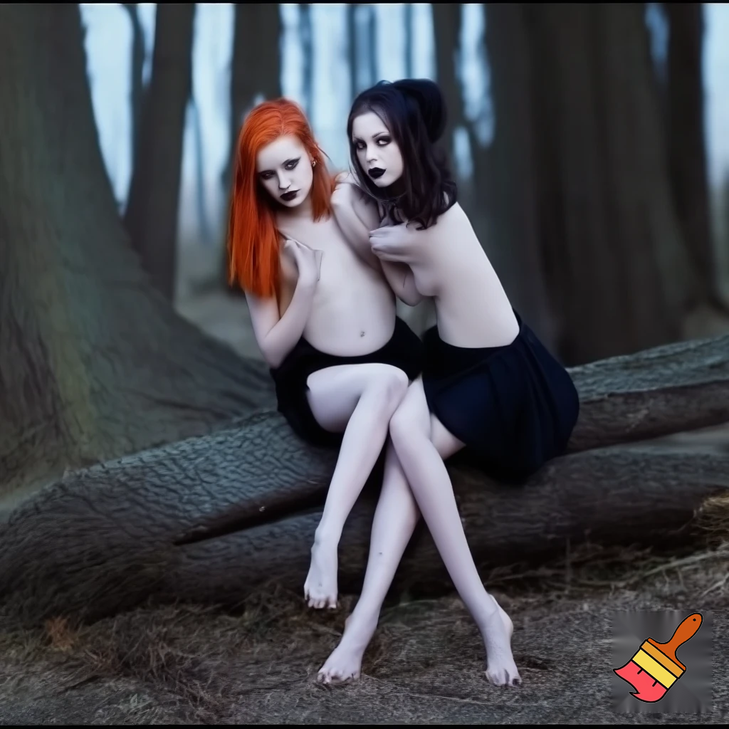 Two lesbian goth girls naked having sex in the woods