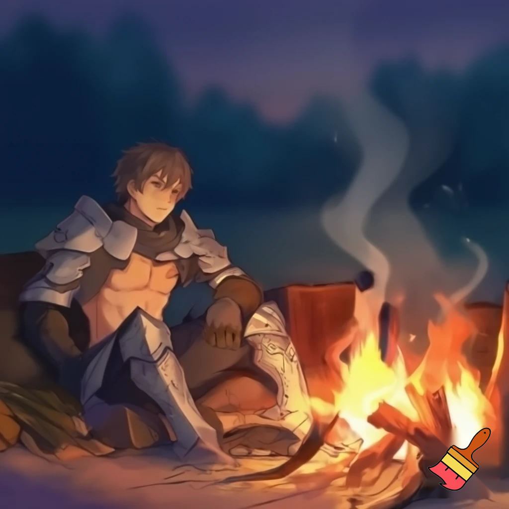 An anime knight with his armour off sitting around a campfire with his shirt off and only 