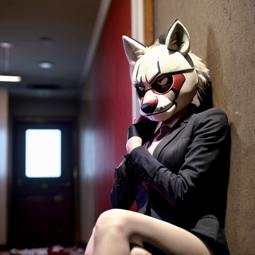 A 21-year-old female student was caught by female animatronics from FNAF 2, and they put a classic original toy foxy female animatronic suit (a beautiful, muted, white and pink fox) inside, parallel to the suit, hands in hands, etc. What will the girl's behavior be when he sees that she is in a suit and through the suit's mask there is blood on the floor, that when she moves her legs or arms while sitting against the wall, she is in incredible pain, and that she is bleeding almost all over her body.