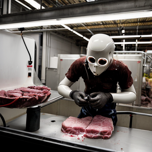 a sprawling, steam-choked industrial meat factory where conveyor belts groan under the weight of pale, segmented human limbs—neatly trimmed thighs, torsos split down the sternum, fingers still twitching as hydraulic claws pluck them into alignment. Gleaming robotic arms, their joints slick with blood-misted grease, methodically disassemble dangling carcasses under the sterile glare of flickering neon lights, their blades humming through flesh with clinical precision. A central vat bubbles with churned viscera, pink froth spilling over as a faceless drone scoops a slurry of ground bone and meat into sterile packaging stamped "GRADE A." In the foreground, a half-skinned face stares blankly from a hook, its jaw slack beside a dangling barcode tag that reads "HARVEST DATE: TODAY." The air shudders with the wet thud of cleavers and the static-laced drone of a synthesized voice repeating, "YIELD OPTIMAL. PROCEED TO PROCESSING