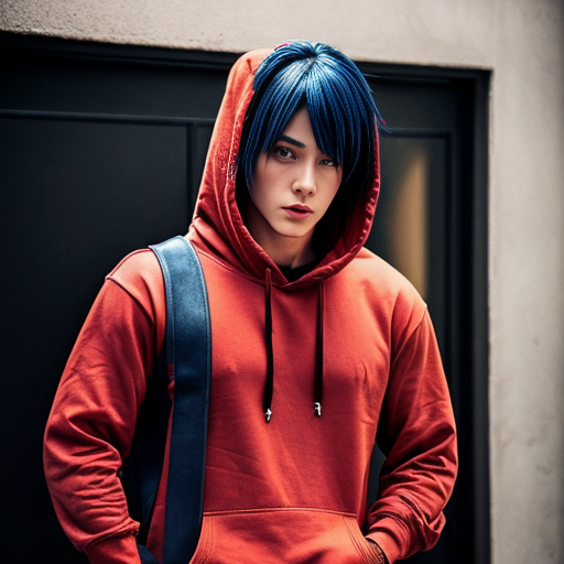 Super tuff nonchalant anime dude with a red shirt black hoodie and blue eyes