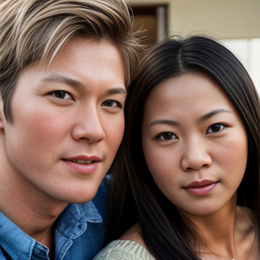 can you make a photo of a family of three thats not asian I have blonde hair and blue eyes im the wife
