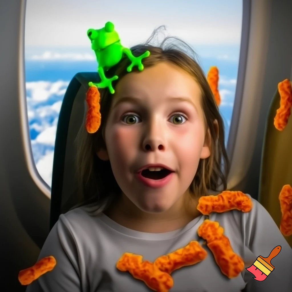 a inpoyle in  a plane is sacred of a on her head she put hot cheetos on her head  when the girl done with her flit  the frog hit her head the frog go away