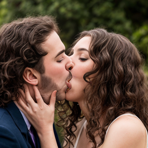 woman with long brown curly hair and dress and man snogging on the mouth