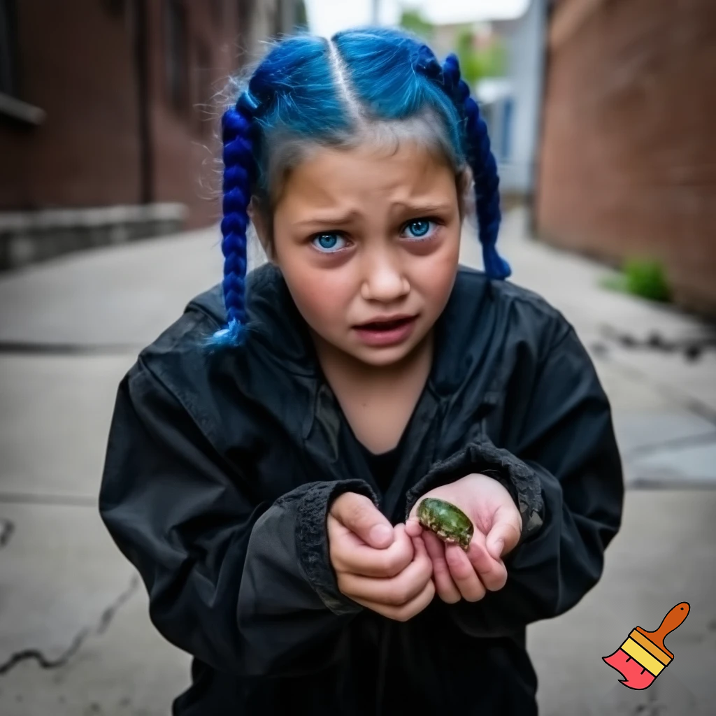 girl with blue braid and has a black jacket with blue eyes holding a frog the girl in the blue hair got pushed by bulliys