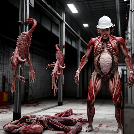 Photorealistic cinematic horror still, grim industrial human abattoir processing facility, blood-drenched concrete walls with exposed rusty pipes and flickering fluorescent lights, long conveyor belt carrying piles of naked flayed human corpses with realistic wet muscle tissue, exposed bones, and glistening blood, scattered entrails and meat chunks on the floor, workers in stained overalls and hard hats handling hooks and bodies with exhausted or horrified expressions, hanging dismembered torsos on overhead meat rails, massive background machinery like giant grinders, visceral body horror and industrial decay, inspired by Texas Chain Saw Massacre, David Cronenberg, H.R. Giger biomechanical style, and Goya's grotesque paintings, ultra-detailed textures, subsurface scattering on skin and blood, cinematic volumetric lighting, raw photorealism, 8k, horror atmosphere --ar 3:4 --stylize 50