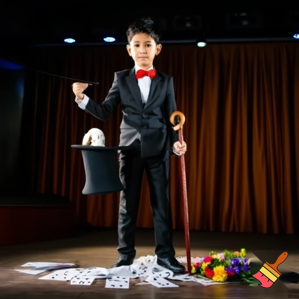 Preteen Boy Magician on Stage Tuxedo Red Bowtie Rabbit in Hat Cane Cards Flowers