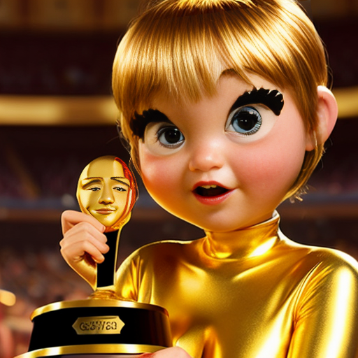 the emotion proud one person gold holding trophy Pixar cartoon style gold skin  happy pretty  gold face inside out movie