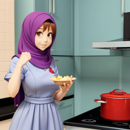 Pixar-style 3D cartoon character, standing at the stove, cooking gesture, exaggerated cartoon features, big expressive eyes, Muslim woman 35-40 years old, fully covered in wide light blue dress, loose modest clothing, headscarf covering all hair, no sexualized features, gray background, simple cartoon style