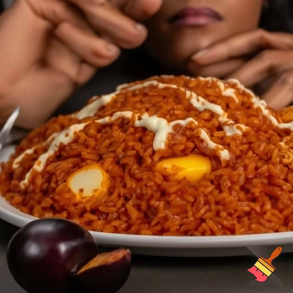 heaping plate of jollof rice sat steaming, its grains soaked in deep red pepper sauce and glistening with oil. Sliced boiled eggs were tucked into the rice, their pale centers soaking up the heat, while streaks of mayonnaise melted softly into the warmth, turning creamy and sharp at the same time. The pepper hit first—bold, smoky, and fiery—followed by the rich tomato base and the comforting heaviness of the rice. Every bite felt loud and confident, the kind of food that doesn’t apologize for its strength.

Beside it, an African plum lay dark and glossy, split open and stubbornly bitter, a strange companion to the richness of the jollof. The mother ate slowly, her face twisted with open disgust. She chewed as if offended by every mouthful, lips pressed tight, eyes narrowed, as though the flavors had personally wronged her. She pushed the food around the plate, sighing between bites, eating not for pleasure but out of duty, clearly unimpressed by the fiery rice and its creamy, peppery chaos.