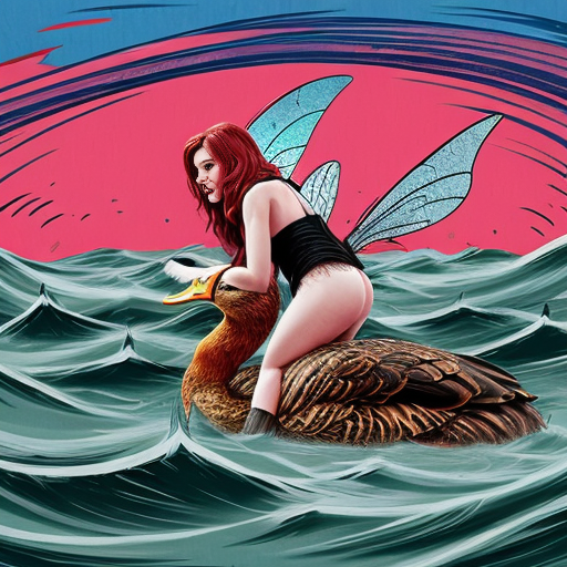 egy manó egy kacsa hátán lezuhan a tengerbe, és egy fekete hajú tündér és a vörös hajú tündér megölik egymást. Szürreális, túlzó arányok, humoros, kaotikus képregény-hatás, élénk színek, dinamikus vizuális részletek.”