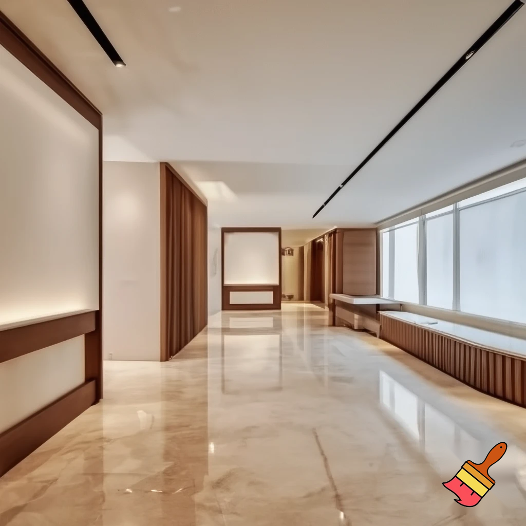 Modern rectangular exhibition hall with an elegant, minimalist design. The space features polished beige marble flooring that softly reflects light, creating a sense of luxury and spaciousness. The walls are smooth and painted in neutral tones, accented with natural wood details on columns, baseboards, and decorative panels. Warm lighting from recessed ceiling fixtures and spotlights highlights the displayed pieces. Large windows allow natural light to fill the room. Contemporary furniture with clean lines and high-quality materials creates a sophisticated, serene, and welcoming atmosphere.