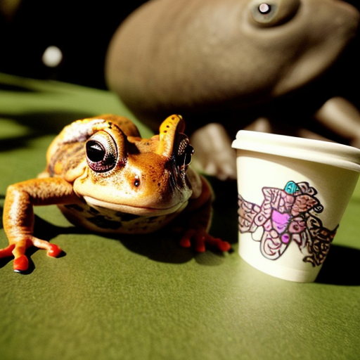A hillarious, funny boho toad with some hippie colored coffee cups. Psychedelic decorated background, hyperrealistic. Close-up view.