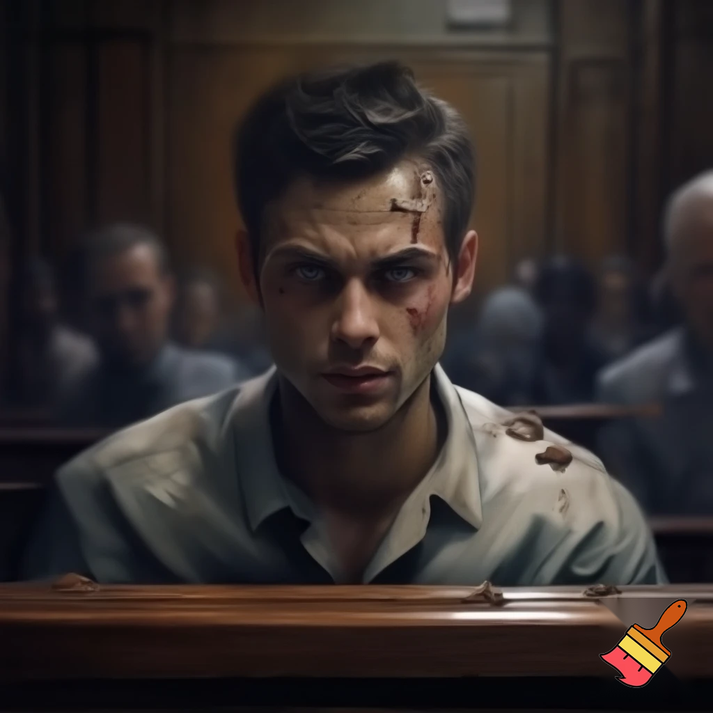 Portretul unui bărbat tânăr încă, cârciumar, copleșit de vină, 8n boxa acuzaților, la propriul său proces. 