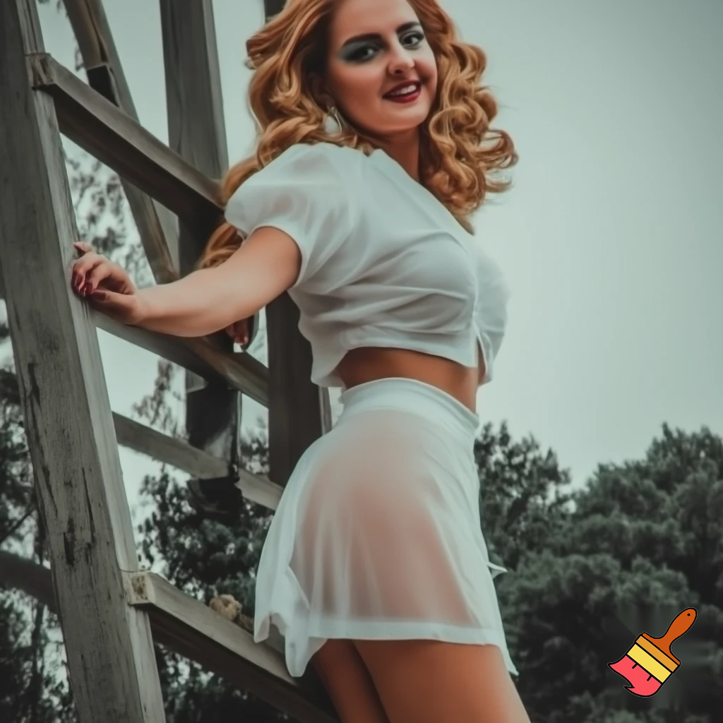 Blonde beautiful pin-up climbing ladder ultra shortened sheer translucent white hem short miniskirt sheer translucent white cropped top smiling at low angle camera below over shoulder