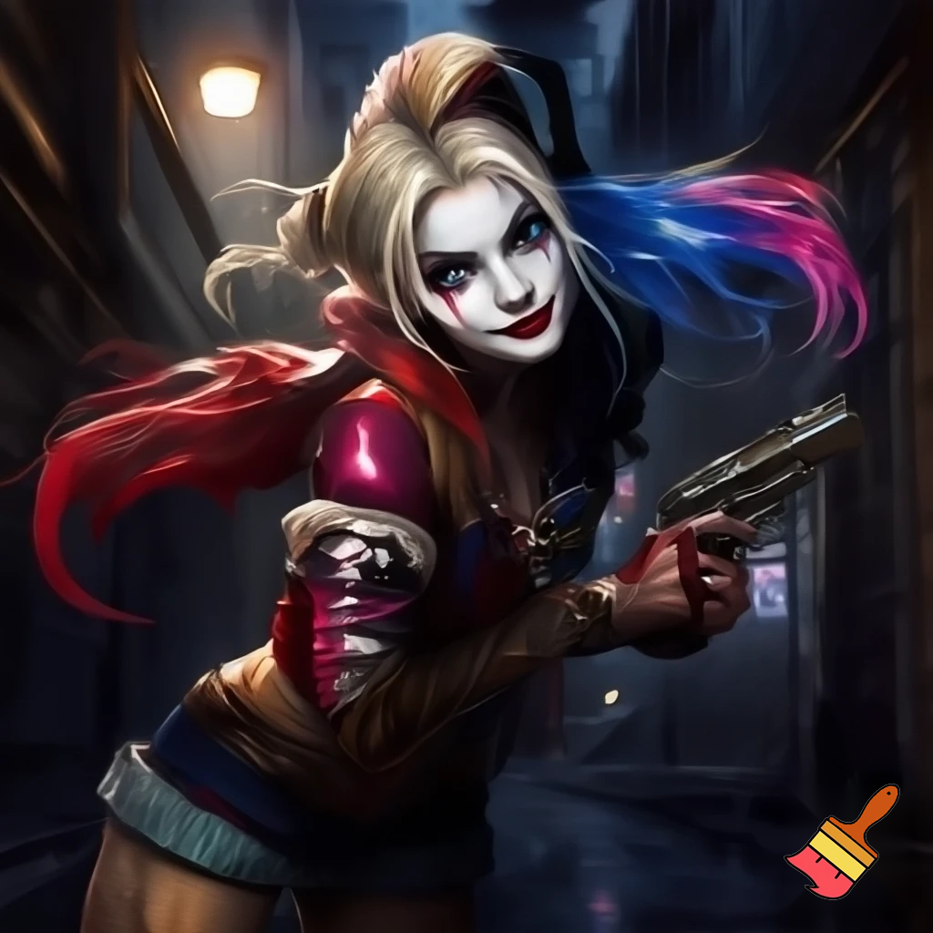 Harley Quinn using a pistol 