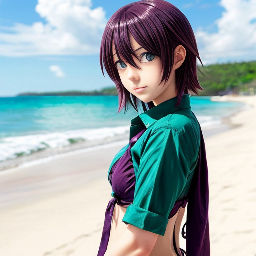 tall shiki ichinose idolmaster anime series blue eyes faded red wine hair+purple unbuttoned shirt+emerald beach bikini+resting on beach+medium distance zoomed-anime girl