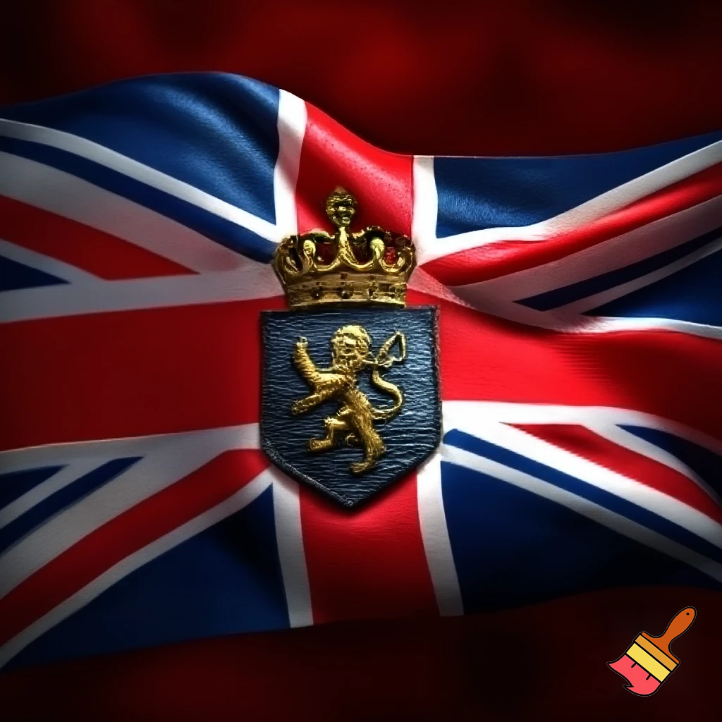 BRITISH FLAG WITH A TINY IRON SHIELD WITH A LION WITH A GOLDEN CROWN, 



