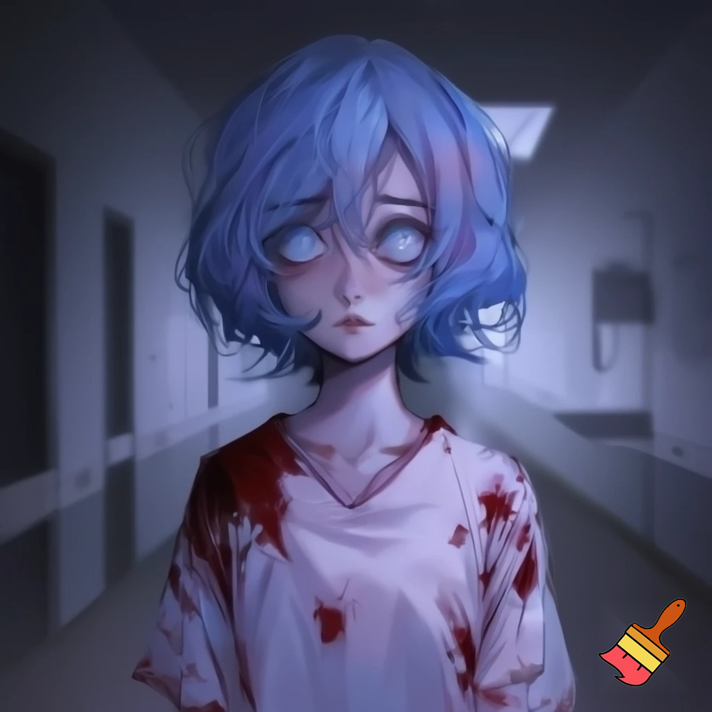 An innocent anime woman with short blue hair and glowing blue eyes wearing a bloody hospital gown