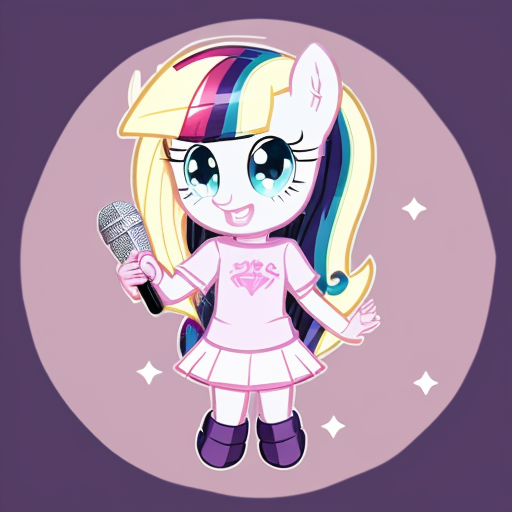 A cute Alicorn pony named Misty Rose in the style of My Little Pony: Friendship is Magic. White coat with very soft pale pink tones, long flowing mane and tail in purple and blue like Fluttershy's. Shiny glossy horn, large elegant wings like Twilight Sparkle's. Friendly, sweet expression. Cutie mark: two fuchsia stars with a microphone in the center, surrounded by small pink stars. Bright pastel 2D cartoon style, magical and cheerful atmosphere.
Transform into Equestria Girls style: human teenage girl with white skin color, pastel cute outfit matching mane colors, hair long and wavy like pony mane, cutie mark as pin on clothing, magical cute anime cartoon style. Full body 