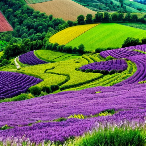 Hills of  purple and green fields and pink and purple flowers




